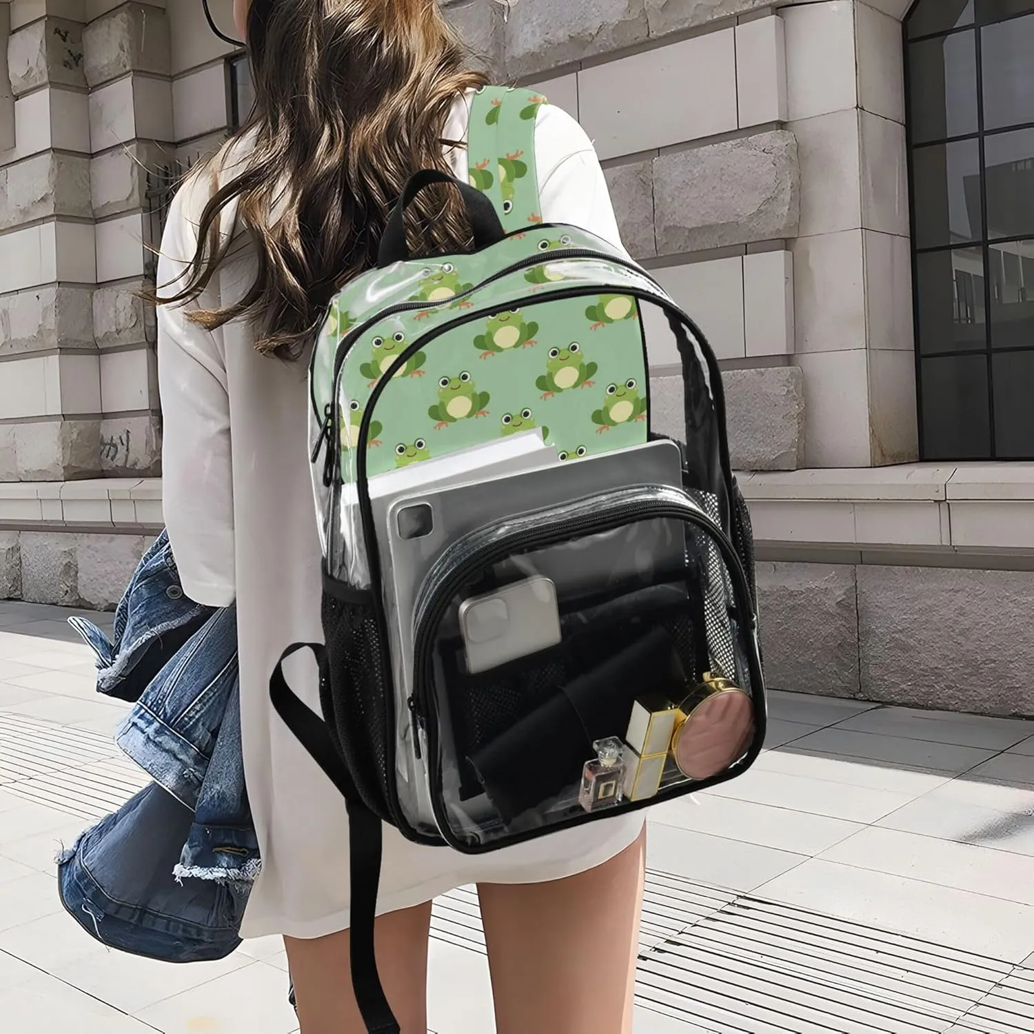 MNSRUU Large Clear Backpack for School Stadium Concerts Sports Events Cute Frog Transparent Heavy-Duty PVC Backpack with Adjustable Straps, See-Through Bag Multiple Compartments