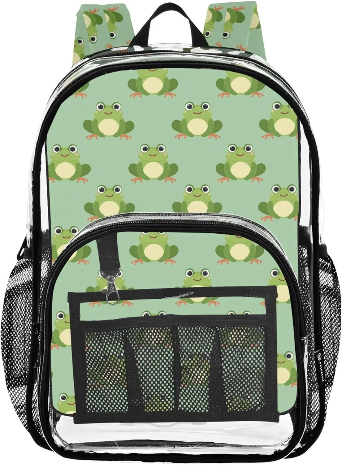 MNSRUU Large Clear Backpack for School Stadium Concerts Sports Events Cute Frog Transparent Heavy-Duty PVC Backpack with Adjustable Straps, See-Through Bag Multiple Compartments
