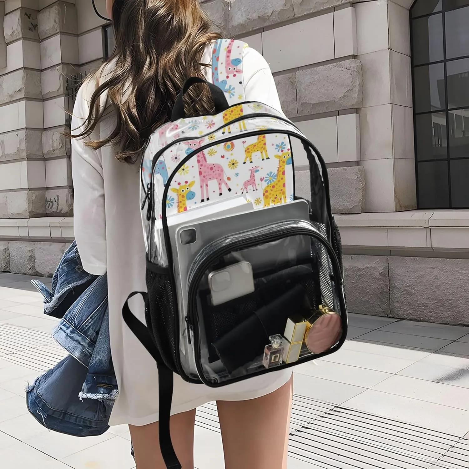 MNSRUU Large Clear Backpack for School Stadium Concerts Sports Events Giraffes Transparent Heavy-Duty PVC Backpack with Adjustable Straps, See-Through Bag Multiple Compartments