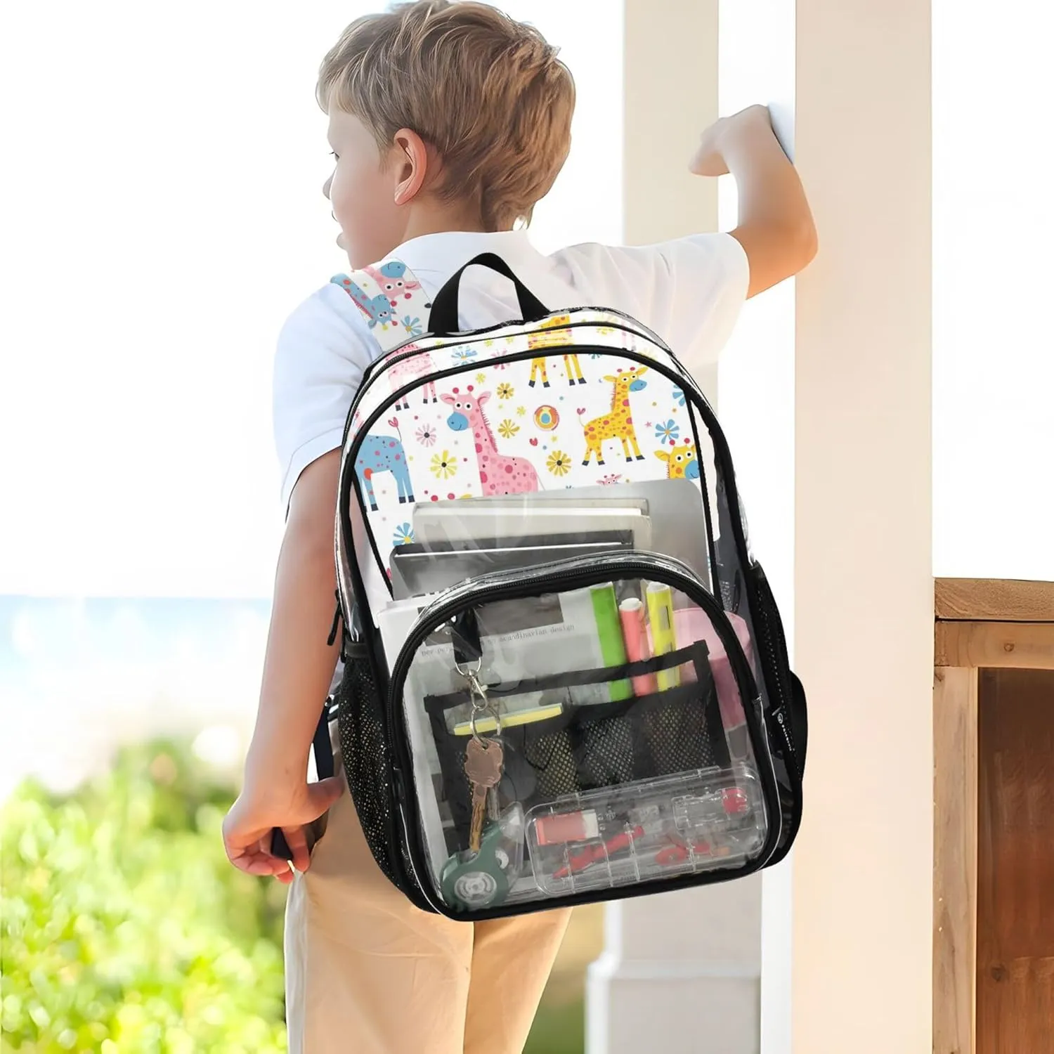 MNSRUU Large Clear Backpack for School Stadium Concerts Sports Events Giraffes Transparent Heavy-Duty PVC Backpack with Adjustable Straps, See-Through Bag Multiple Compartments