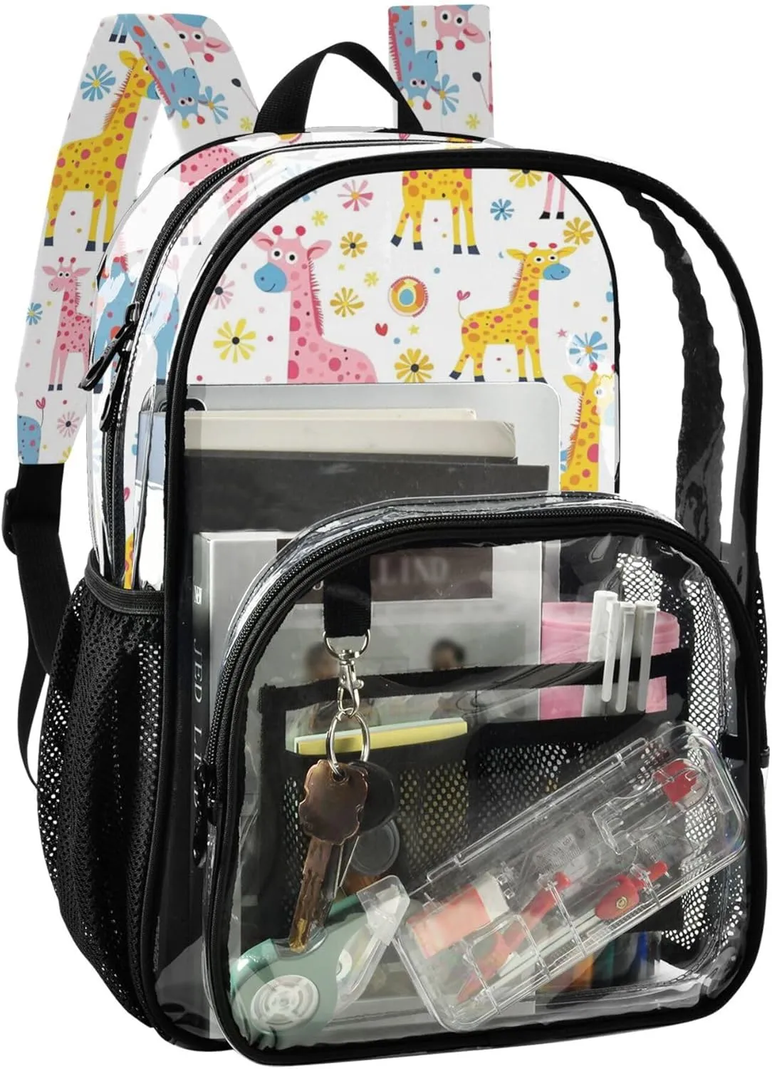 MNSRUU Large Clear Backpack for School Stadium Concerts Sports Events Giraffes Transparent Heavy-Duty PVC Backpack with Adjustable Straps, See-Through Bag Multiple Compartments