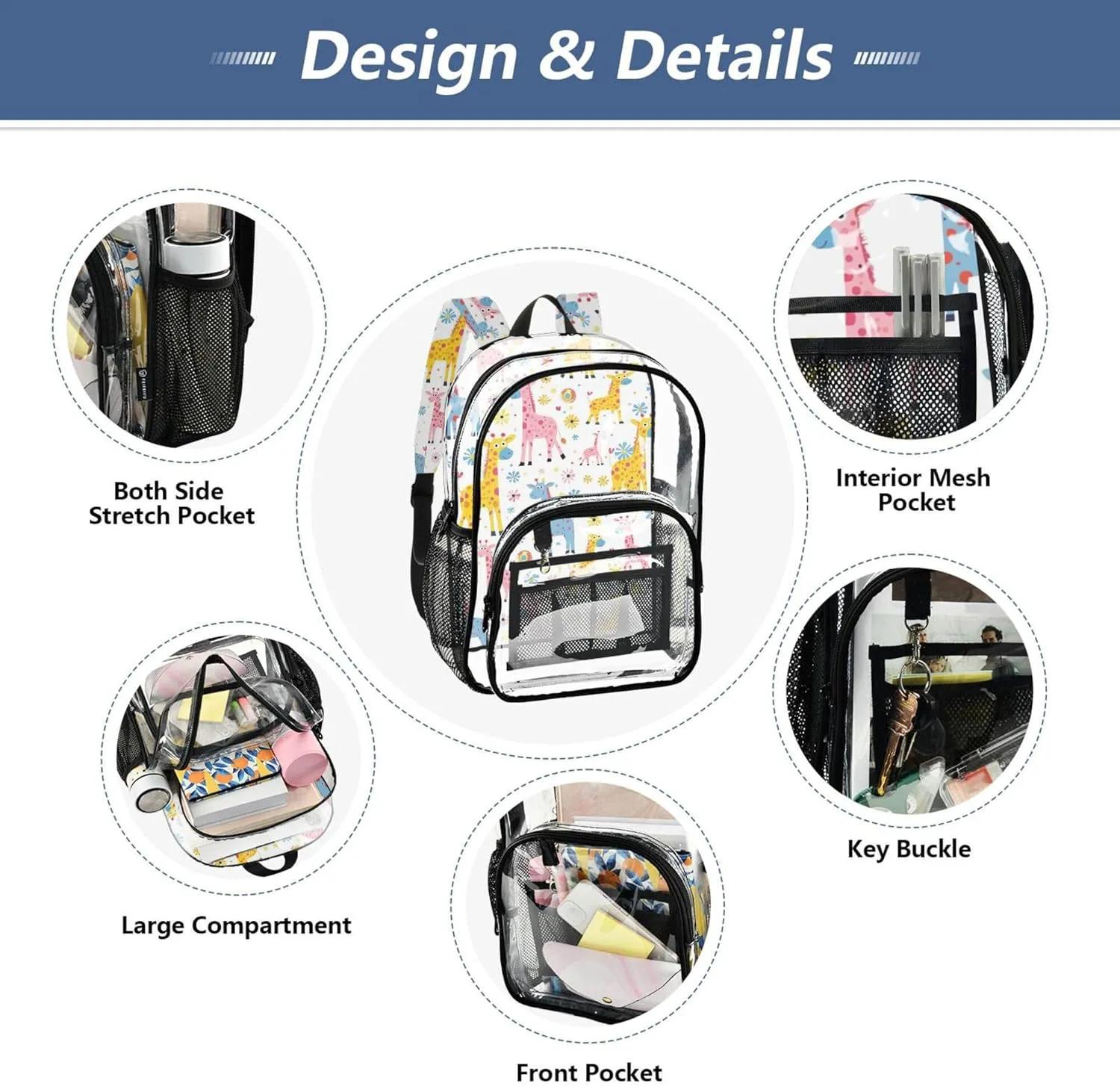 MNSRUU Large Clear Backpack for School Stadium Concerts Sports Events Giraffes Transparent Heavy-Duty PVC Backpack with Adjustable Straps, See-Through Bag Multiple Compartments