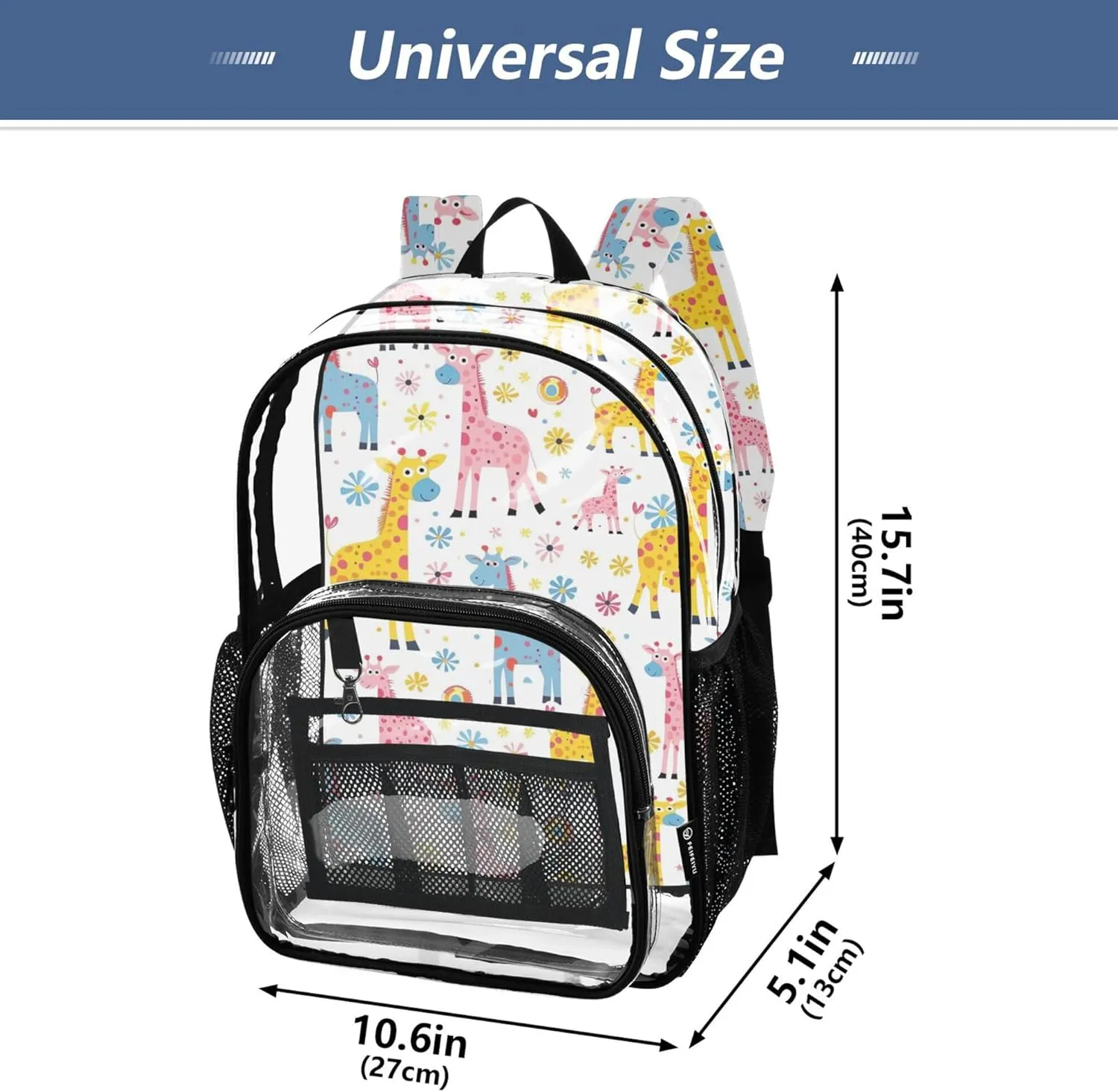 MNSRUU Large Clear Backpack for School Stadium Concerts Sports Events Giraffes Transparent Heavy-Duty PVC Backpack with Adjustable Straps, See-Through Bag Multiple Compartments