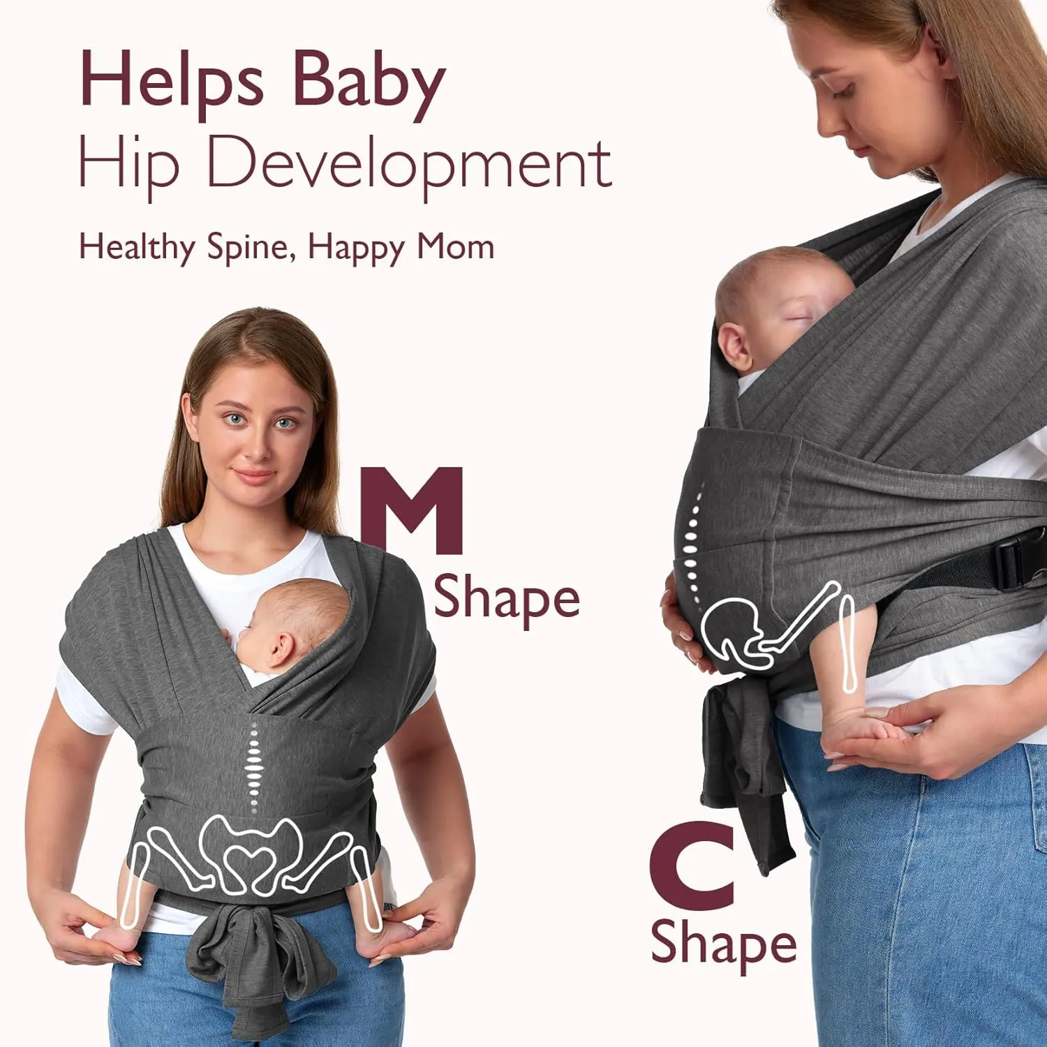 Momcozy Baby Wrap Carrier Skin-Friendly Fabric, Easy to Wear Baby Carrier Sling T-Shirt Design, Hands Free Baby Carriers Newborn to Toddler 8-35lbs, Adjustable Buckle for Waist 27-47inch, Deep Grey