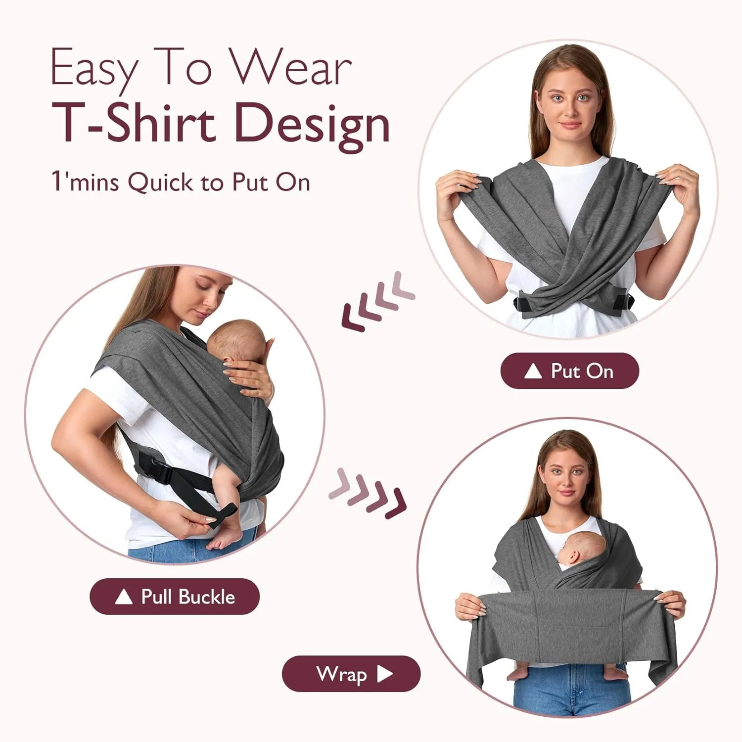 Momcozy Baby Wrap Carrier Skin-Friendly Fabric, Easy to Wear Baby Carrier Sling T-Shirt Design, Hands Free Baby Carriers Newborn to Toddler 8-35lbs, Adjustable Buckle for Waist 27-47inch, Deep Grey