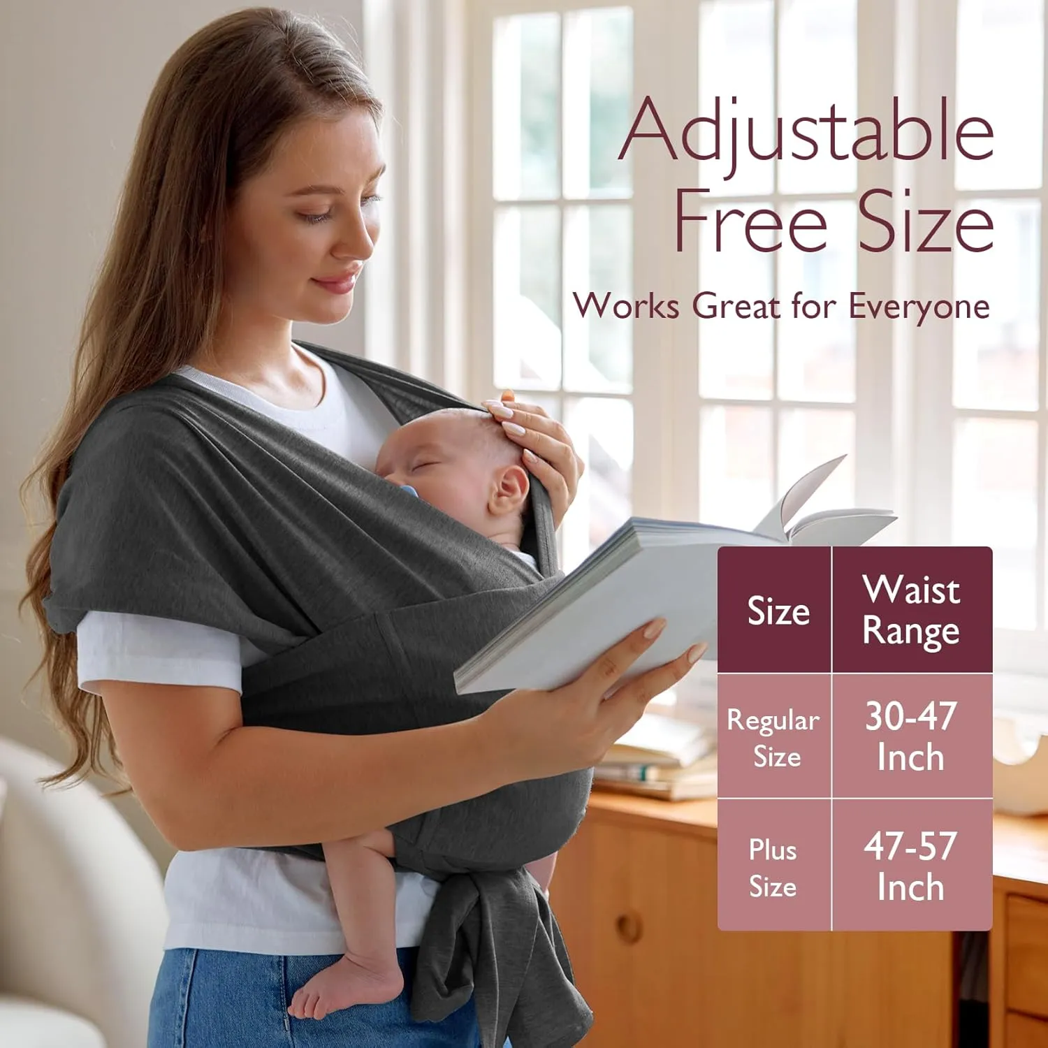 Momcozy Baby Wrap Carrier Skin-Friendly Fabric, Easy to Wear Baby Carrier Sling T-Shirt Design, Hands Free Baby Carriers Newborn to Toddler 8-35lbs, Adjustable Buckle for Waist 27-47inch, Deep Grey