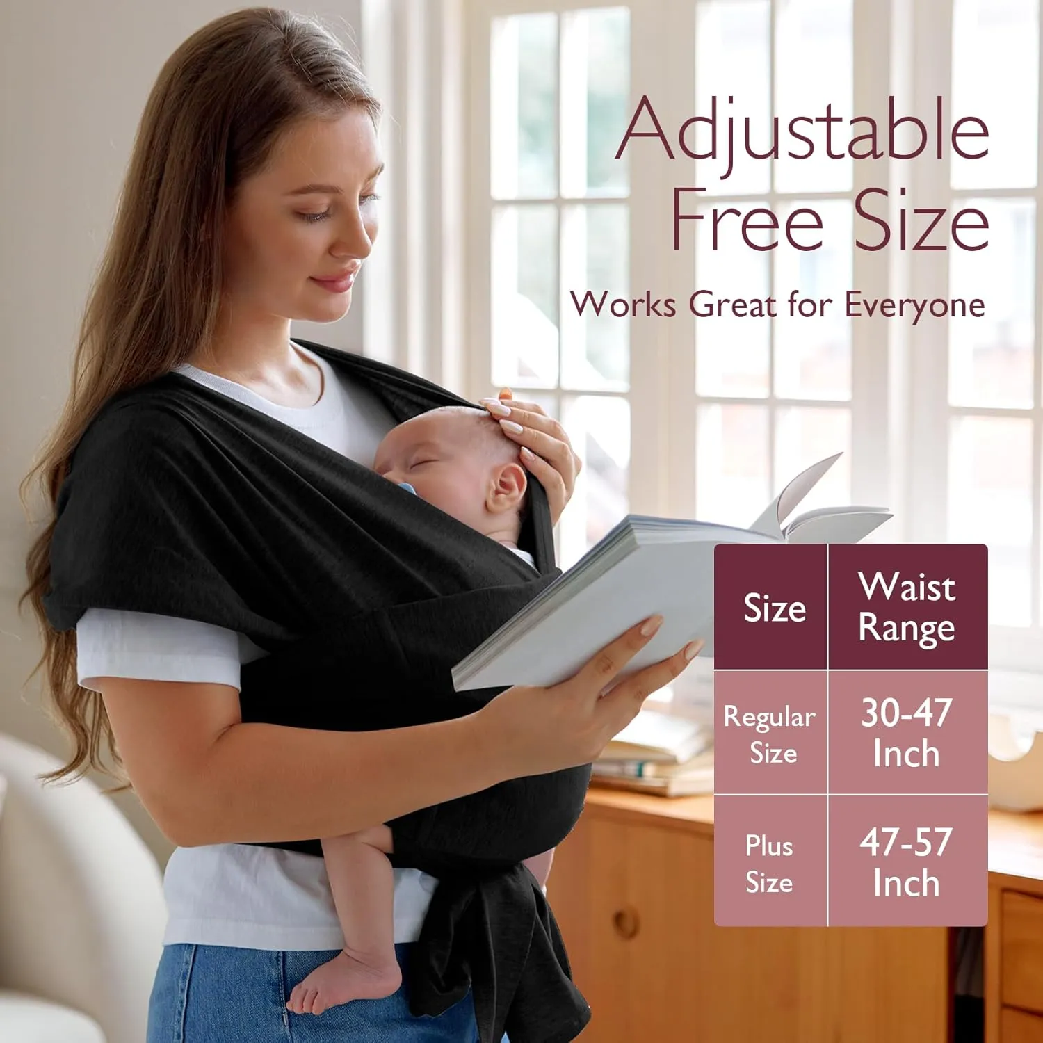 Momcozy Baby Wrap Carrier Skin-Friendly Fabric, Easy to Wear Baby Carrier Sling T-Shirt Design, Hands Free Baby Carriers Newborn to Toddler 8-35lbs, Adjustable Buckle Suit for Waist 27-47inch, Black