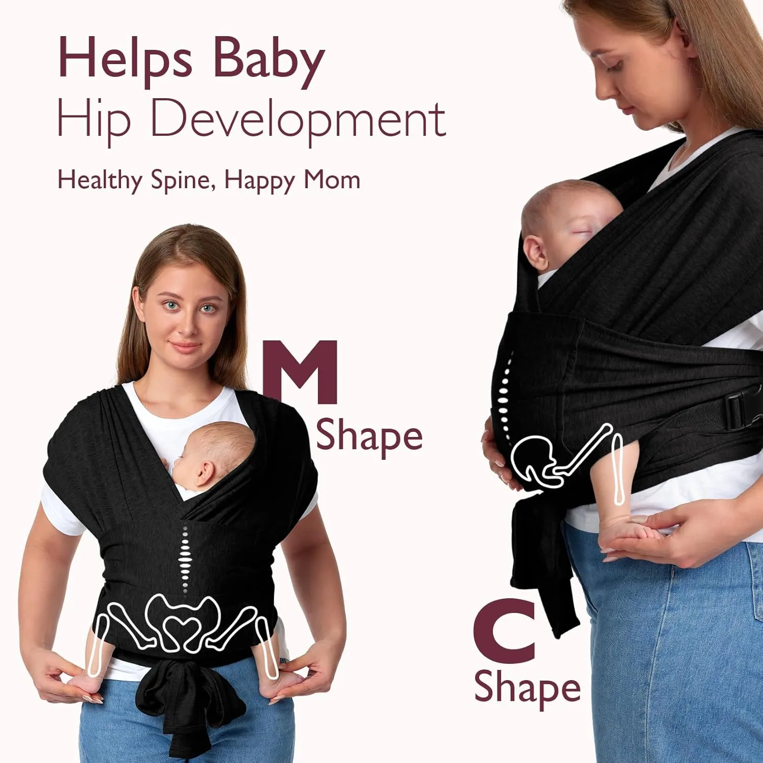 Momcozy Baby Wrap Carrier Skin-Friendly Fabric, Easy to Wear Baby Carrier Sling T-Shirt Design, Hands Free Baby Carriers Newborn to Toddler 8-35lbs, Adjustable Buckle Suit for Waist 27-47inch, Black