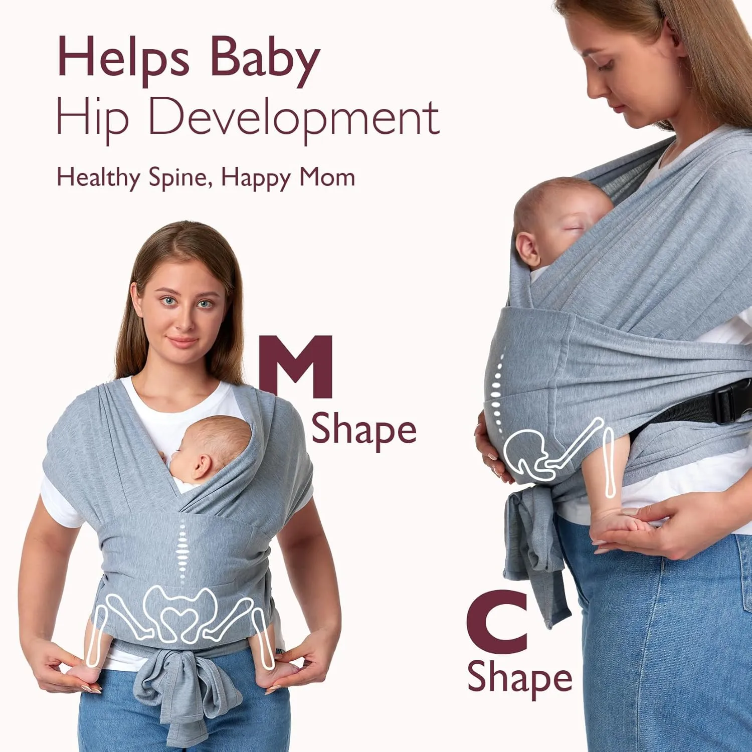Momcozy Baby Wrap Carrier Skin-Friendly Fabric, Easy to Wear Baby Carrier Sling T-Shirt Design, Hands Free Baby Carriers Newborn to Toddler 8-35lbs, Adjustable Buckle Suit for Waist Waist 47-57, Grey