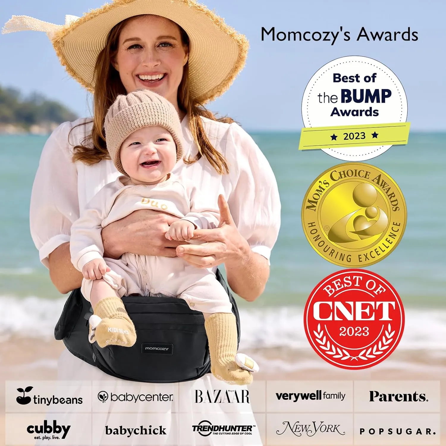 Momcozy Hip Seat Baby Carrier - Adjustable Waistband with Original 3D Belly Protector, Ergonomic Carrier with Various Pockets for Newborns & Toddlers up to 45lbs (Black, Medium)