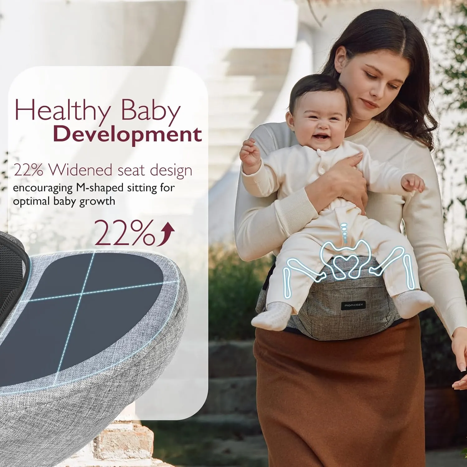 Momcozy Hip Seat Baby Carrier - Adjustable Waistband with Original 3D Belly Protector, Ergonomic Carrier with Various Pockets for Newborns & Toddlers up to 45lbs (Grey, Large)
