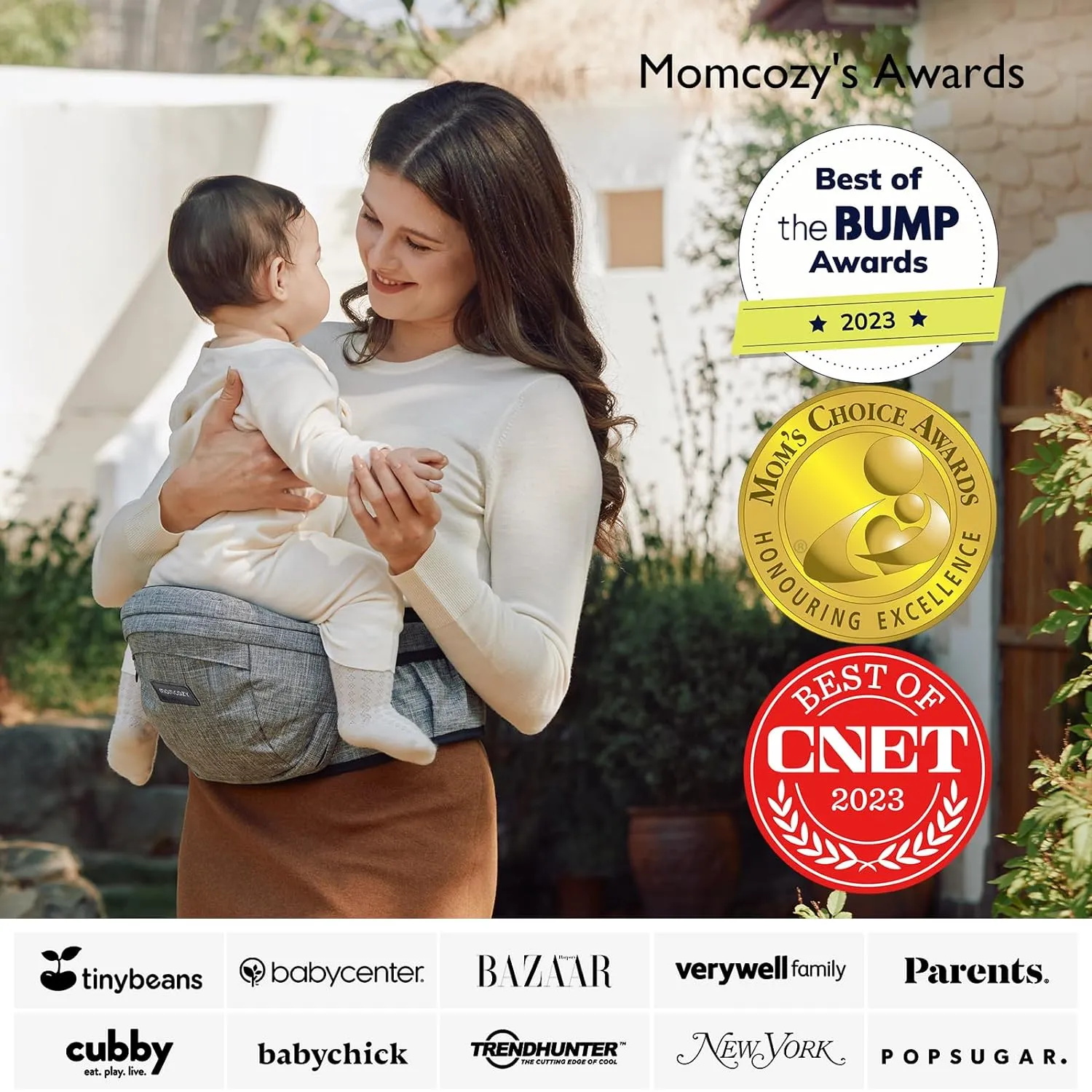 Momcozy Hip Seat Baby Carrier - Adjustable Waistband with Original 3D Belly Protector, Ergonomic Carrier with Various Pockets for Newborns & Toddlers up to 45lbs (Grey, Large)