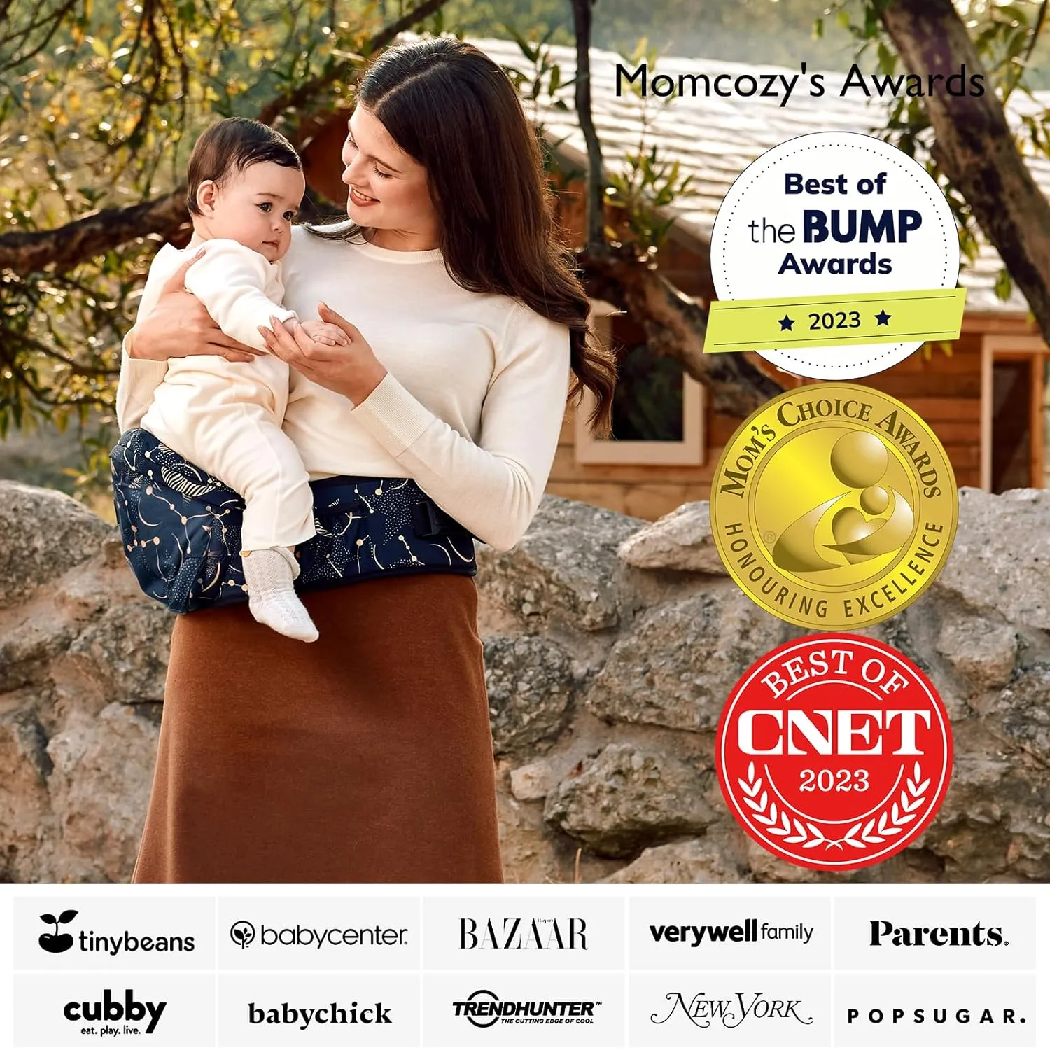 Momcozy Hip Seat Baby Carrier - Adjustable Waistband with Original 3D Belly Protector, Ergonomic Carrier with Various Pockets for Newborns & Toddlers up to 45lbs (Starry Sky, Large)