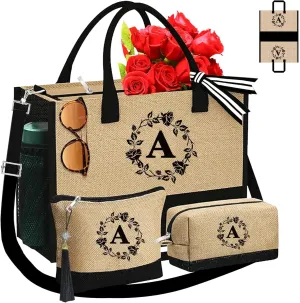 Monogrammed Tote Bags, 3Pcs Birthday Gifts for Women Initial Personalized Jute Tote Bags for Her Female Sister Mom