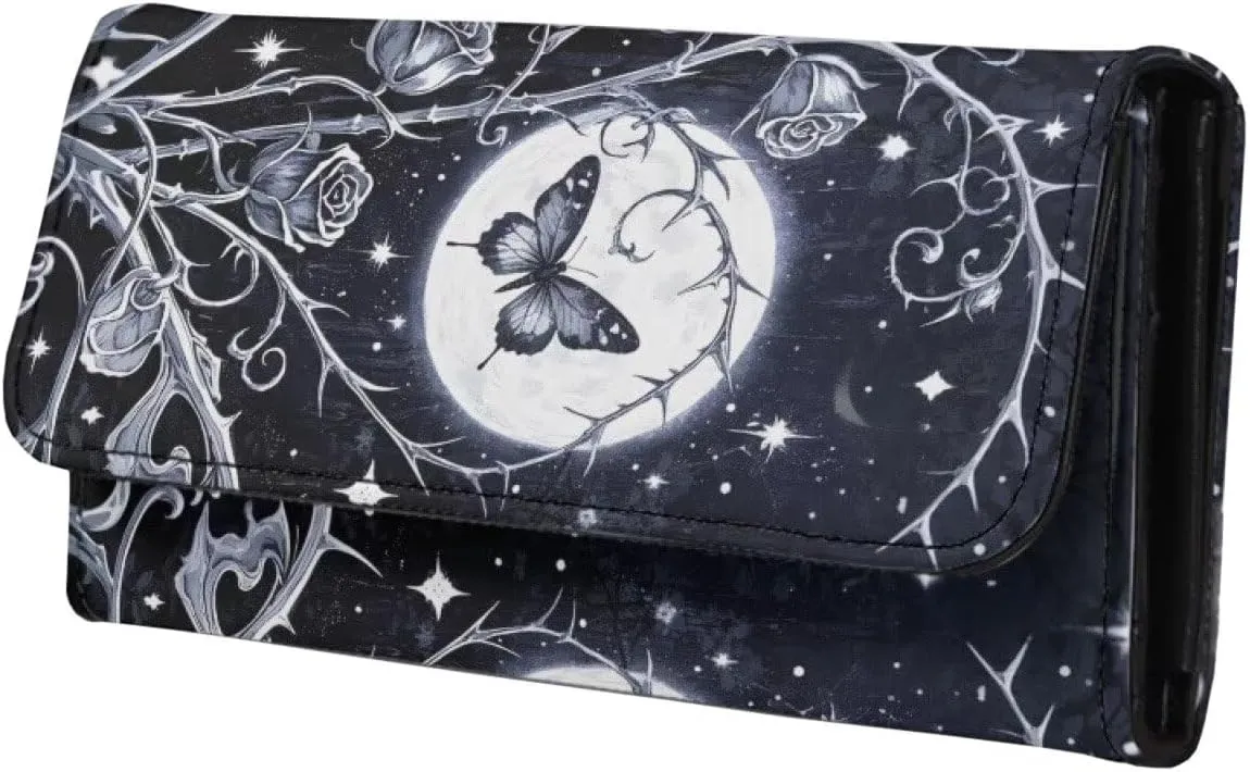 Moon Night Butterfly Women Slim Wallet Credit Card Holder PU Leather, Gothic Rose Thorns Long Trifold Billfold Wallets Clutch Purse with ID Window Cash Pocket