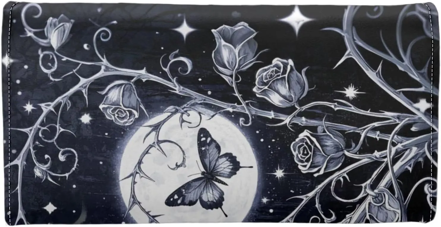 Moon Night Butterfly Women Slim Wallet Credit Card Holder PU Leather, Gothic Rose Thorns Long Trifold Billfold Wallets Clutch Purse with ID Window Cash Pocket