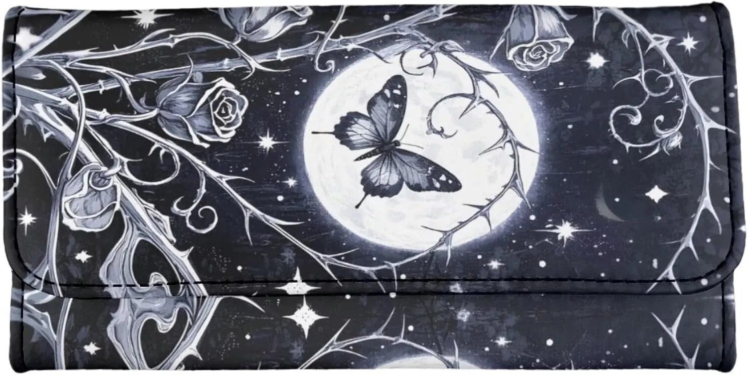 Moon Night Butterfly Women Slim Wallet Credit Card Holder PU Leather, Gothic Rose Thorns Long Trifold Billfold Wallets Clutch Purse with ID Window Cash Pocket