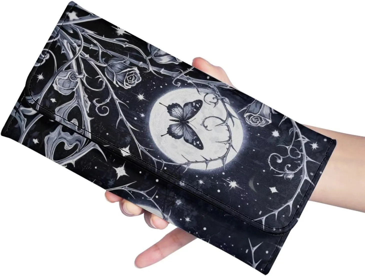 Moon Night Butterfly Women Slim Wallet Credit Card Holder PU Leather, Gothic Rose Thorns Long Trifold Billfold Wallets Clutch Purse with ID Window Cash Pocket
