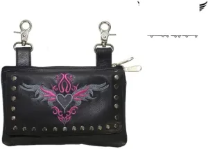 Motorcycle Womens Adjustable Strap Hip Leather Purse wtith Lobster Claw Different Desings (Gray/Pink Heart and Studs)