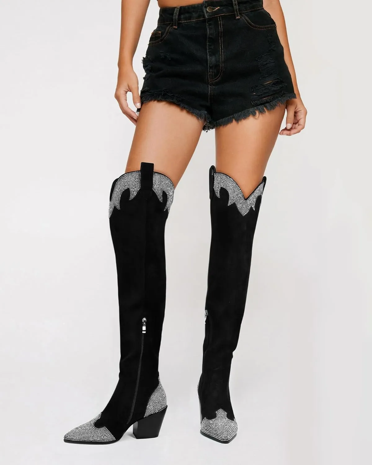 MUCCCUTE Cowboy Boots for Women Black Thigh High Boots - Fashion Cowgirl Over The Knee Boots with Rhinestone - Pointed Toe Chunky Heels Side Zipper Fall Tall Boots for Ladies