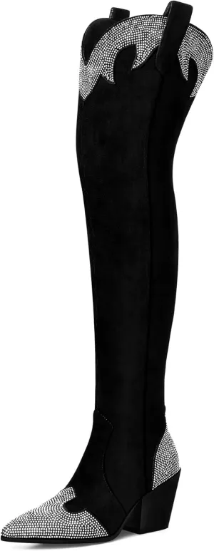 MUCCCUTE Cowboy Boots for Women Black Thigh High Boots - Fashion Cowgirl Over The Knee Boots with Rhinestone - Pointed Toe Chunky Heels Side Zipper Fall Tall Boots for Ladies