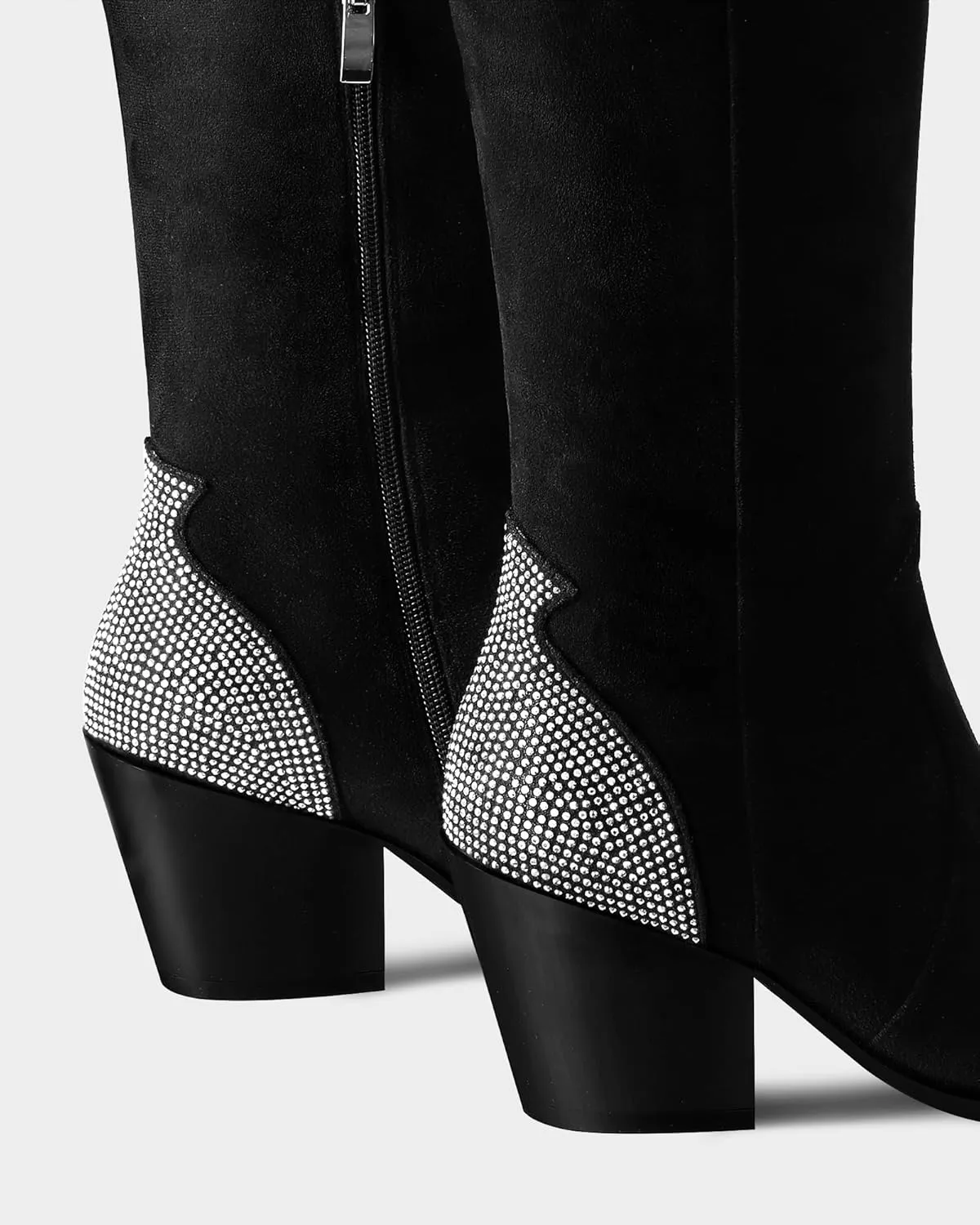 MUCCCUTE Cowboy Boots for Women Black Thigh High Boots - Fashion Cowgirl Over The Knee Boots with Rhinestone - Pointed Toe Chunky Heels Side Zipper Fall Tall Boots for Ladies
