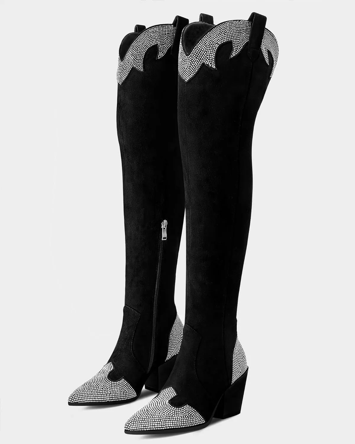 MUCCCUTE Cowboy Boots for Women Black Thigh High Boots - Fashion Cowgirl Over The Knee Boots with Rhinestone - Pointed Toe Chunky Heels Side Zipper Fall Tall Boots for Ladies