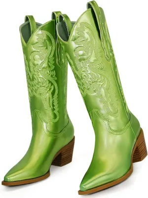 MUCCCUTE Women's Cowgirl Boots Embroidered Cowboy Boots Chunky Block Heel Western Boots Vintage Wide-calf Boots