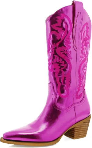 MUCCCUTE Women's Cowgirl Boots Embroidered Cowboy Boots Chunky Block Heel Western Boots Vintage Wide-calf Boots