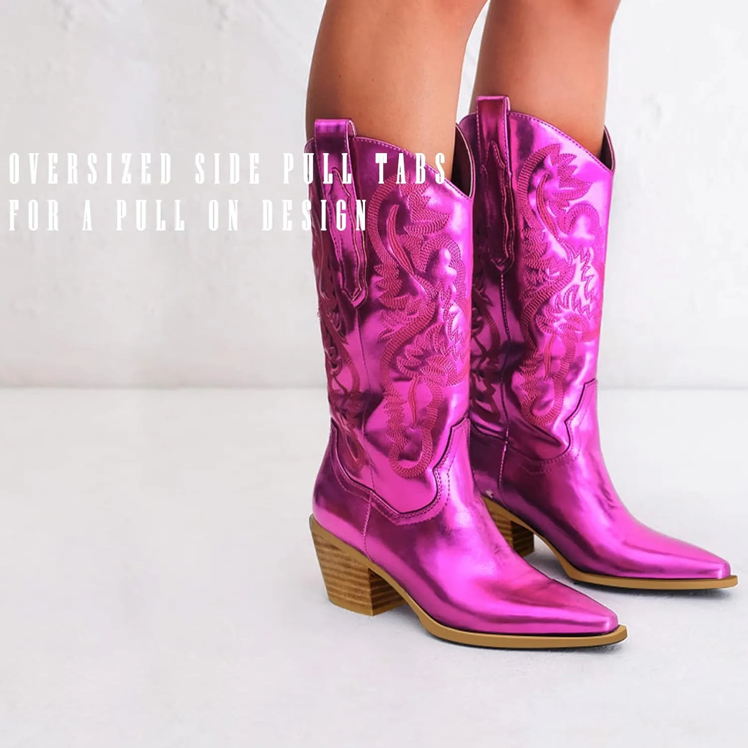 MUCCCUTE Women's Cowgirl Boots Embroidered Cowboy Boots Chunky Block Heel Western Boots Vintage Wide-calf Boots