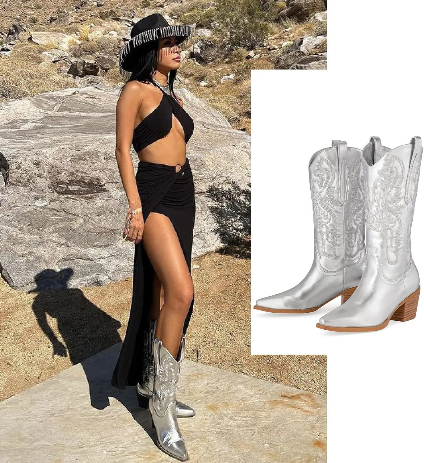 MUCCCUTE Women's Cowgirl Boots Embroidered Cowboy Boots Chunky Block Heel Western Boots Vintage Wide-calf Boots