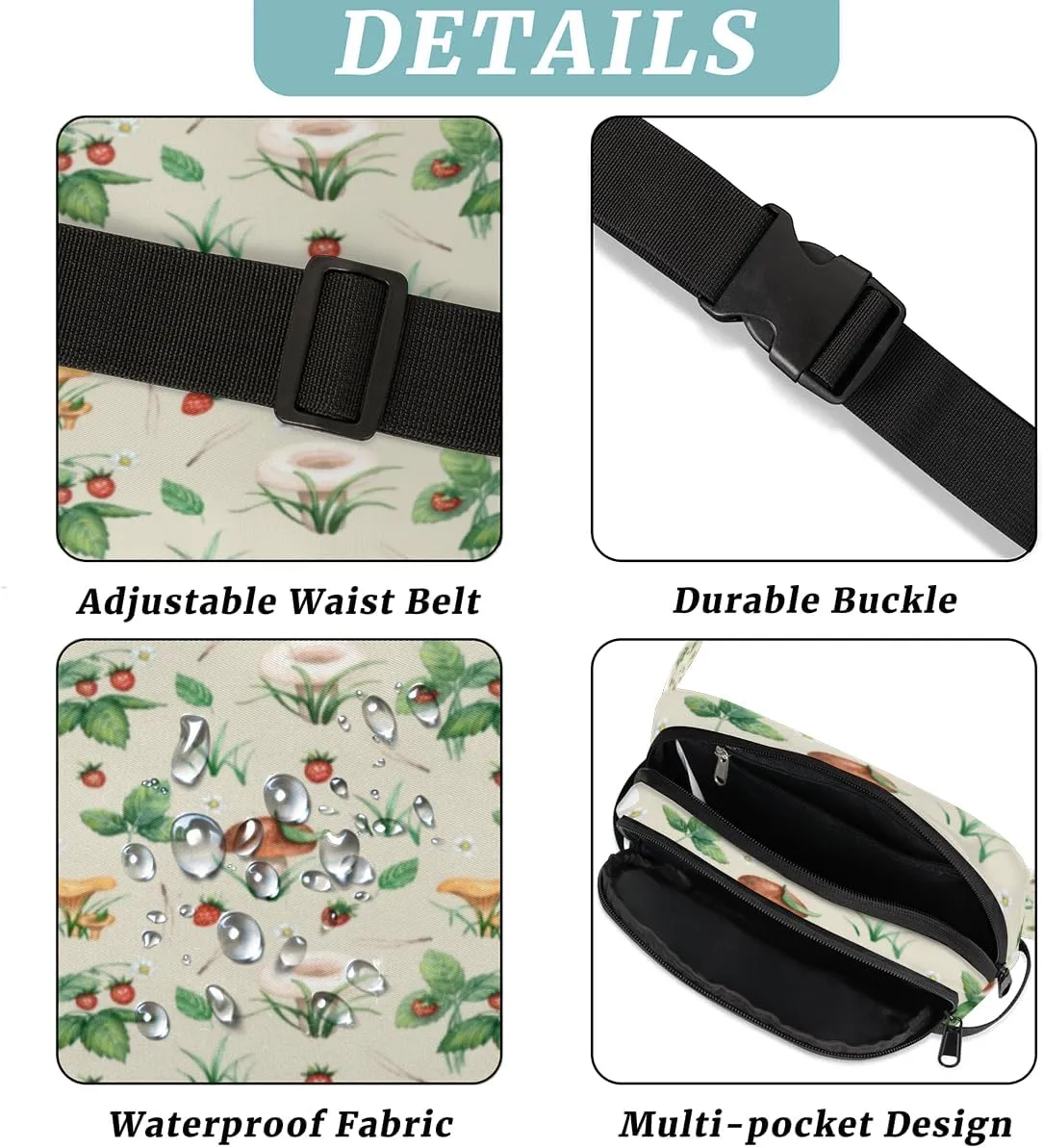 Mushroom Strawberry Fanny Pack for Women Men Waterproof Belt Bag Crossbody Waist Bag with Adjustable Strap Fashion Waist Packs for Casual Running Gym Hiking Travel Workout Cycling