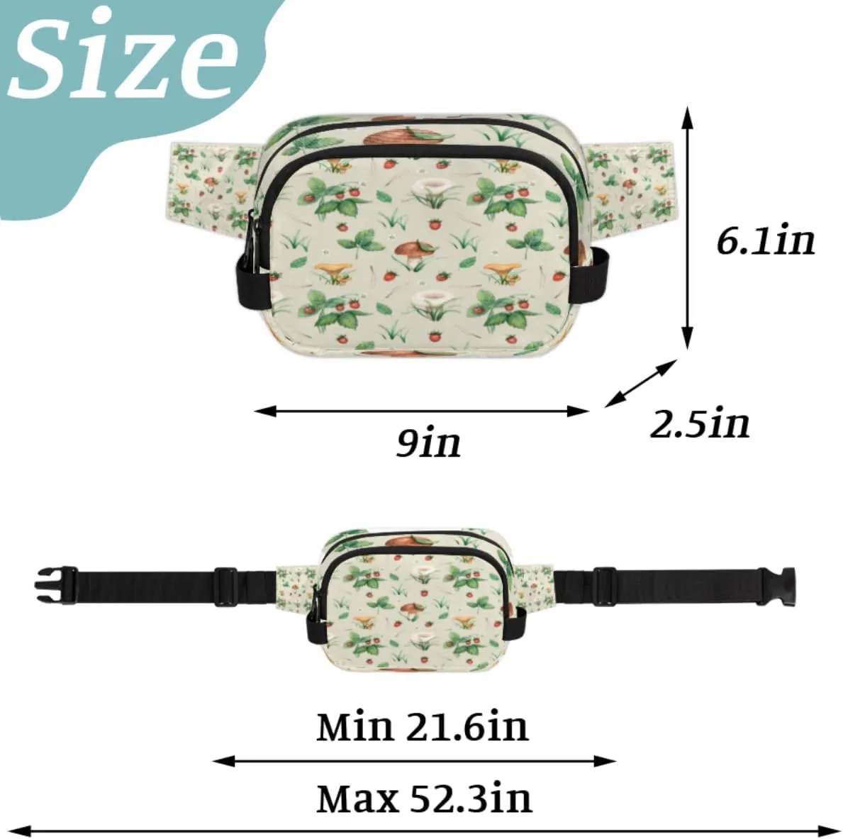 Mushroom Strawberry Fanny Pack for Women Men Waterproof Belt Bag Crossbody Waist Bag with Adjustable Strap Fashion Waist Packs for Casual Running Gym Hiking Travel Workout Cycling