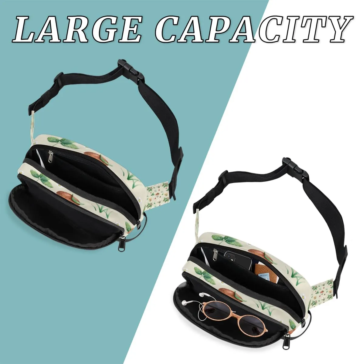 Mushroom Strawberry Fanny Pack for Women Men Waterproof Belt Bag Crossbody Waist Bag with Adjustable Strap Fashion Waist Packs for Casual Running Gym Hiking Travel Workout Cycling