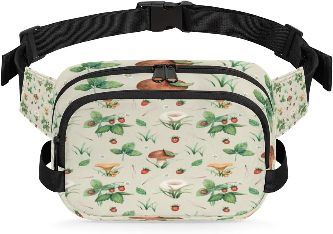 Mushroom Strawberry Fanny Pack for Women Men Waterproof Belt Bag Crossbody Waist Bag with Adjustable Strap Fashion Waist Packs for Casual Running Gym Hiking Travel Workout Cycling