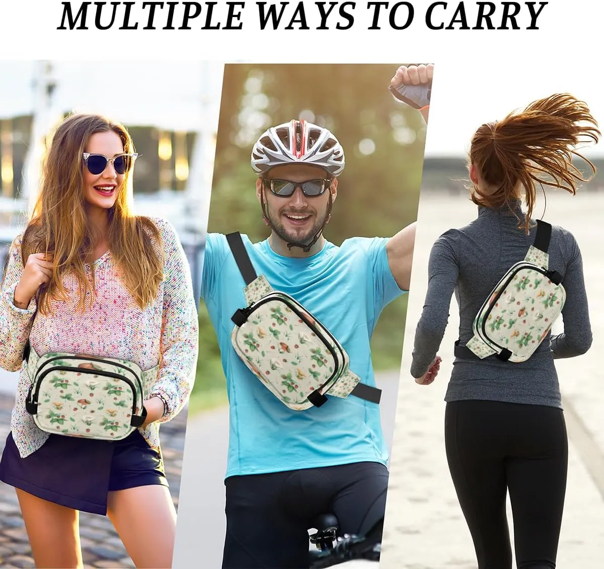 Mushroom Strawberry Fanny Pack for Women Men Waterproof Belt Bag Crossbody Waist Bag with Adjustable Strap Fashion Waist Packs for Casual Running Gym Hiking Travel Workout Cycling