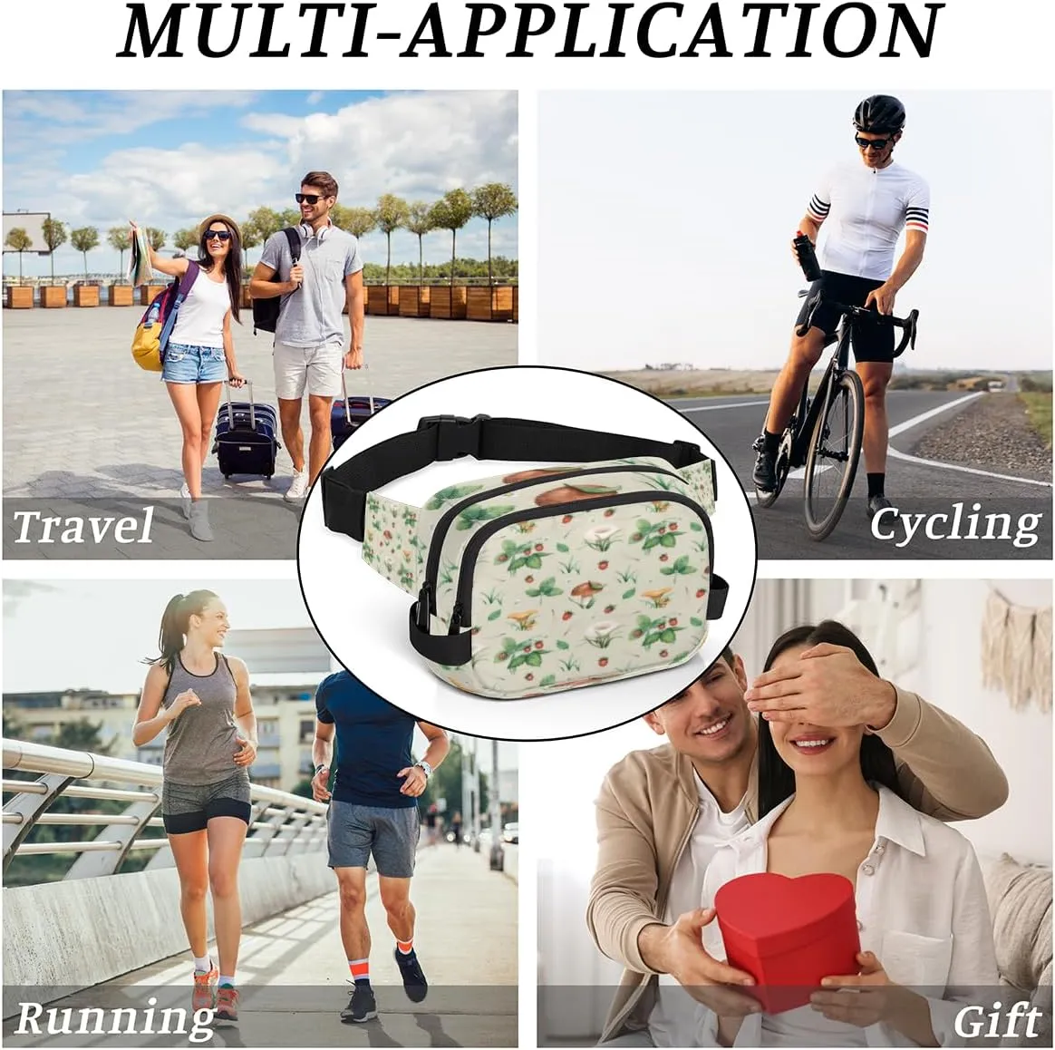Mushroom Strawberry Fanny Pack for Women Men Waterproof Belt Bag Crossbody Waist Bag with Adjustable Strap Fashion Waist Packs for Casual Running Gym Hiking Travel Workout Cycling