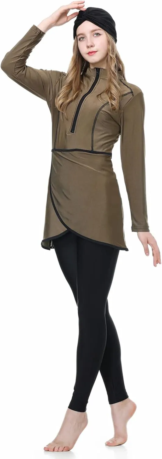 Muslim Swimsuits for Women 3 Piece Full Coverage Zipper Front Swimwear Islamic Rash Guard Burkini