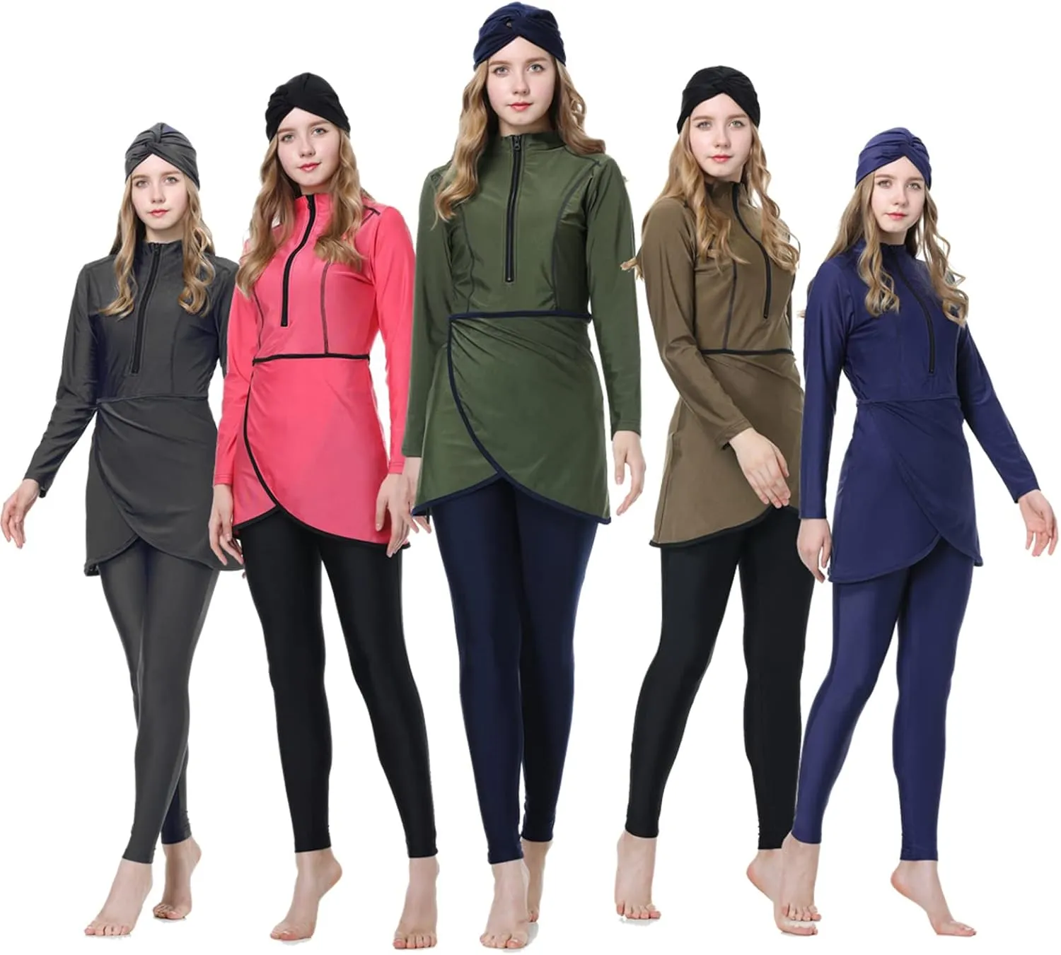 Muslim Swimsuits for Women 3 Piece Full Coverage Zipper Front Swimwear Islamic Rash Guard Burkini