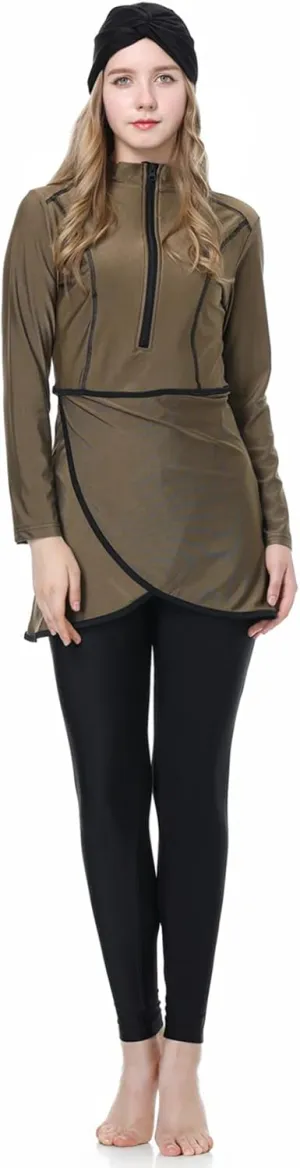Muslim Swimsuits for Women 3 Piece Full Coverage Zipper Front Swimwear Islamic Rash Guard Burkini