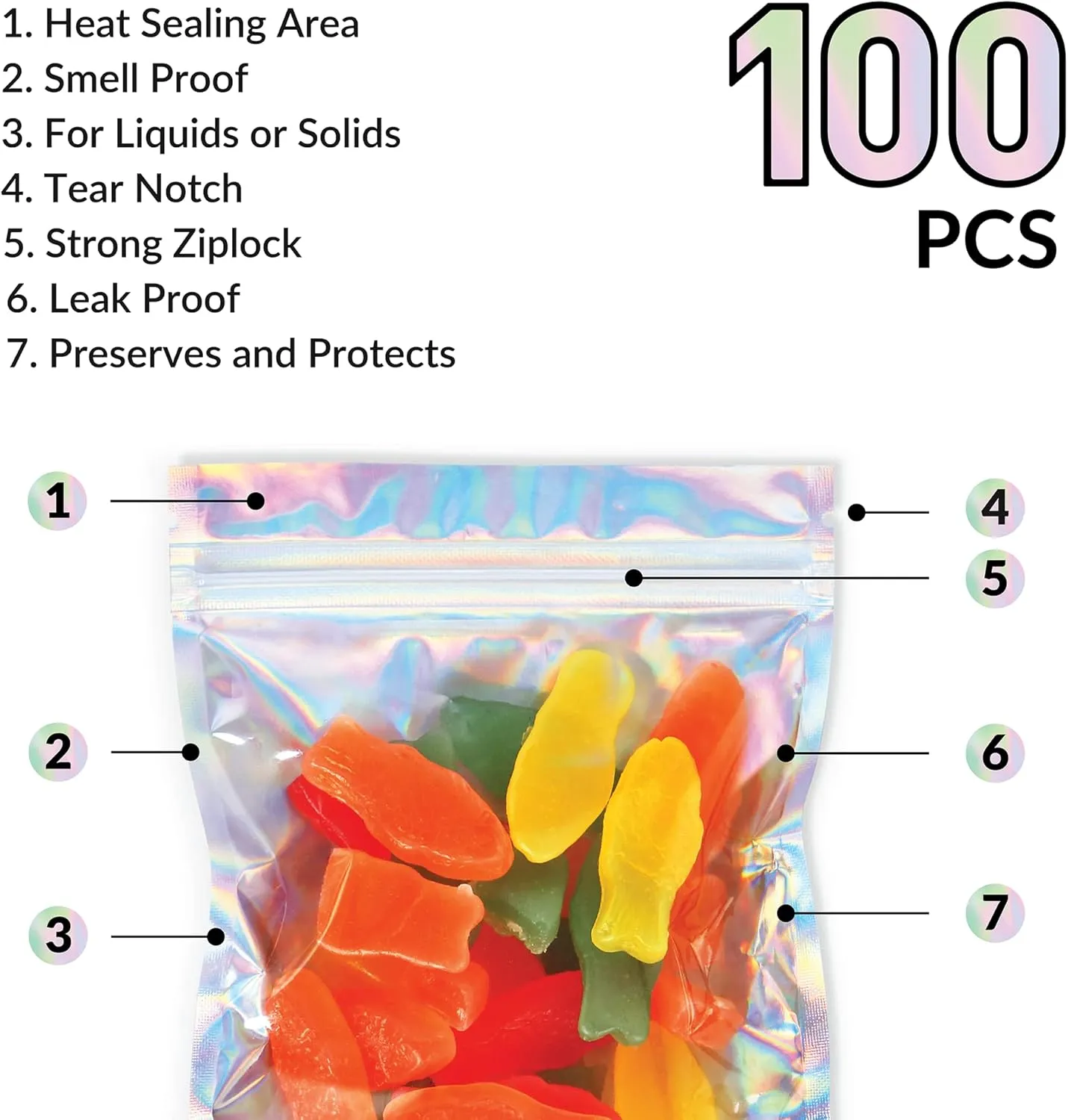 Mylar Bags with Ziplock 5 x 7" | 100 Bags | Rainbow Holographic | Sealable Heat Seal Bags for Candy and Food Packaging, Medications and Vitamins | For Liquid and Solids (5" x 7")