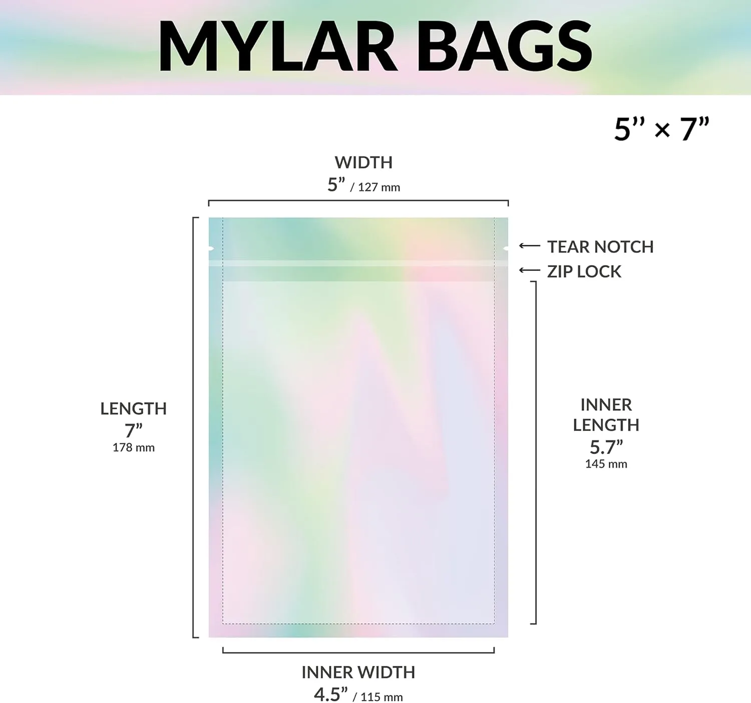 Mylar Bags with Ziplock 5 x 7" | 100 Bags | Rainbow Holographic | Sealable Heat Seal Bags for Candy and Food Packaging, Medications and Vitamins | For Liquid and Solids (5" x 7")