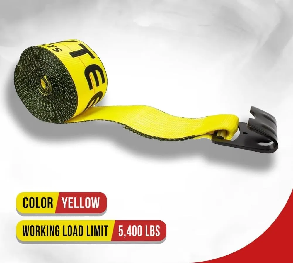Mytee Products Winch Straps 4" x 30' Yellow Heavy Duty Tie Down w/Flat Hooks WLL# 5400 lbs | 4 Inch Cargo Control for Flatbed Truck Utility Trailer (4 Pack)