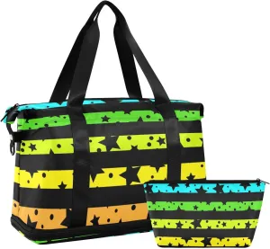 Neon Rainbow Colorufl Strips Black Stars Duffel Bag Overnight Carry On Tote and Luggage with Toiletry Bag for Yoga Waterproof