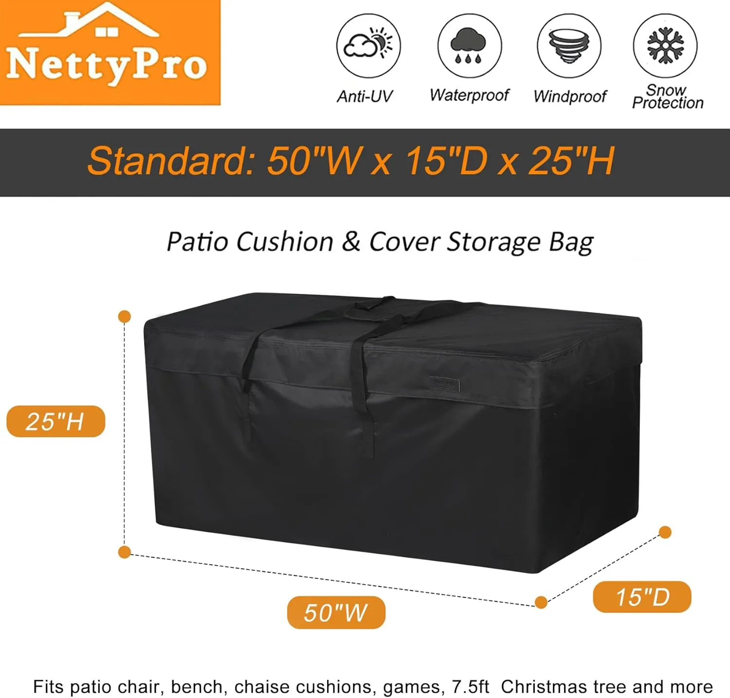 NettyPro Outdoor Cushion Storage Bags Water-Resistant for Patio Furniture Storage Cushion Christmas Tree Bag 7.5 Ft with Zipper and Handle, 50 x 15 x 25 Inch, Black