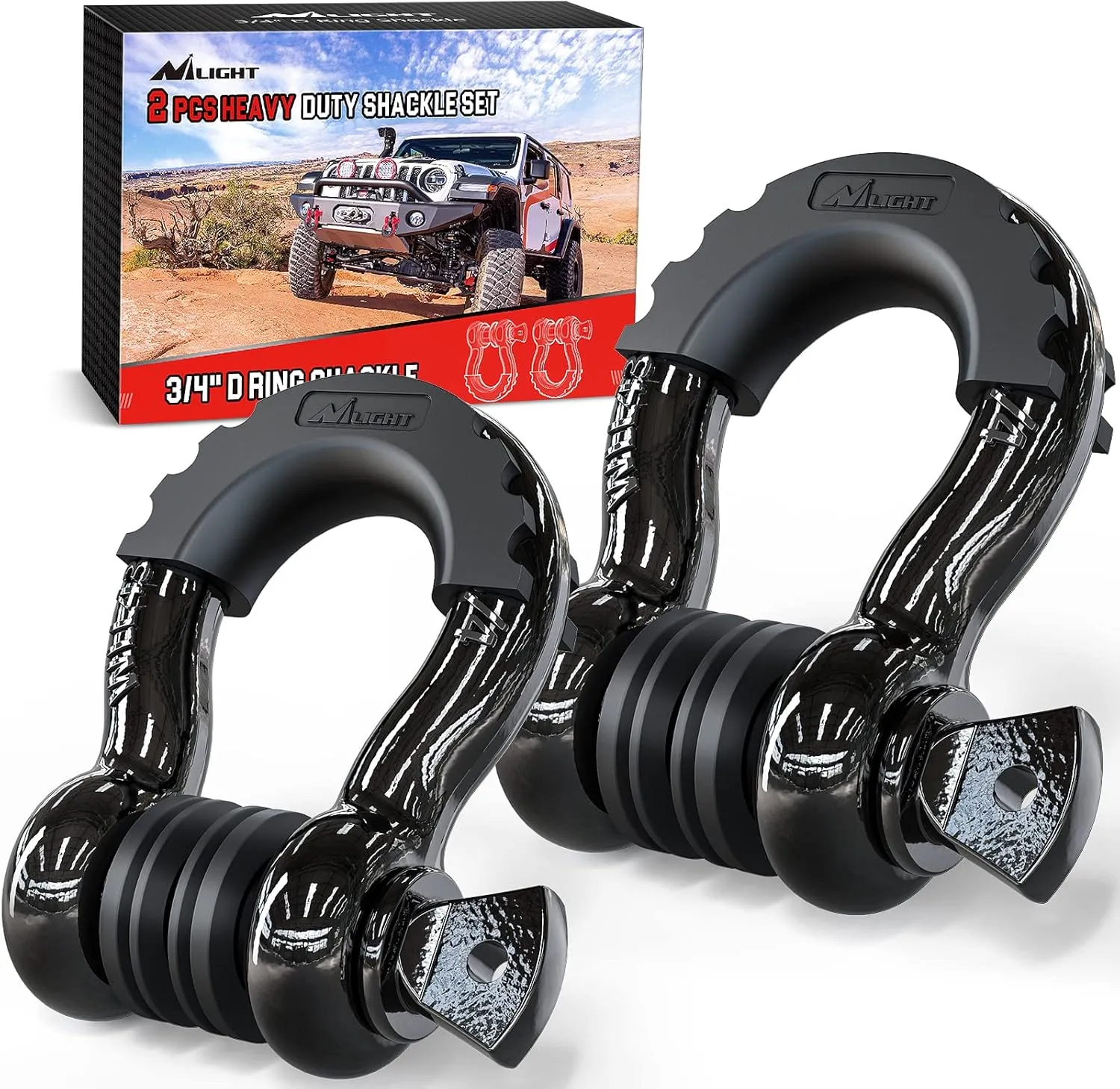 Nilight - 90052B 2 Pack 3/4" D-Ring Shackle 4.75 Ton (9500 Lbs) Capacity with 7/8" Pin Heavy Duty Off Road Recovery Shackle with Isolators & Washer Kit for Jeep Truck Vehicle , Black