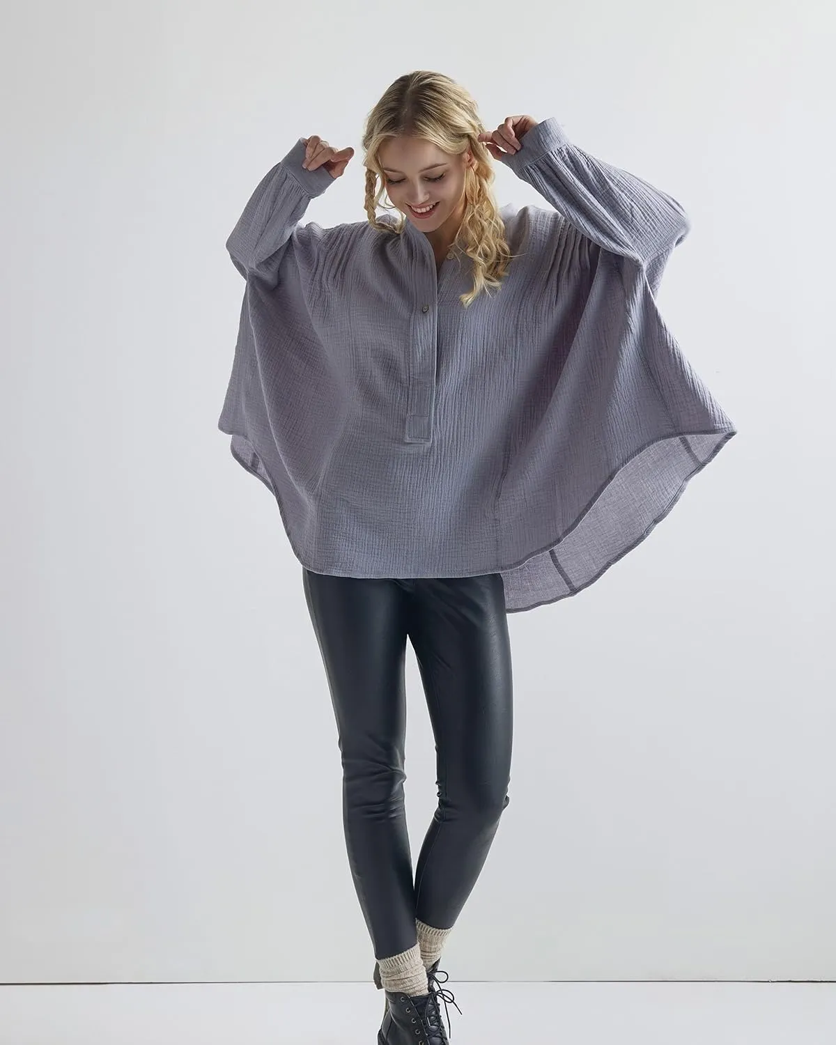 noflik 100% Cotton Comfy Oversized Round Side Slit Contrast Top & Pleat Detail Ballon Sleeve High and Low Top