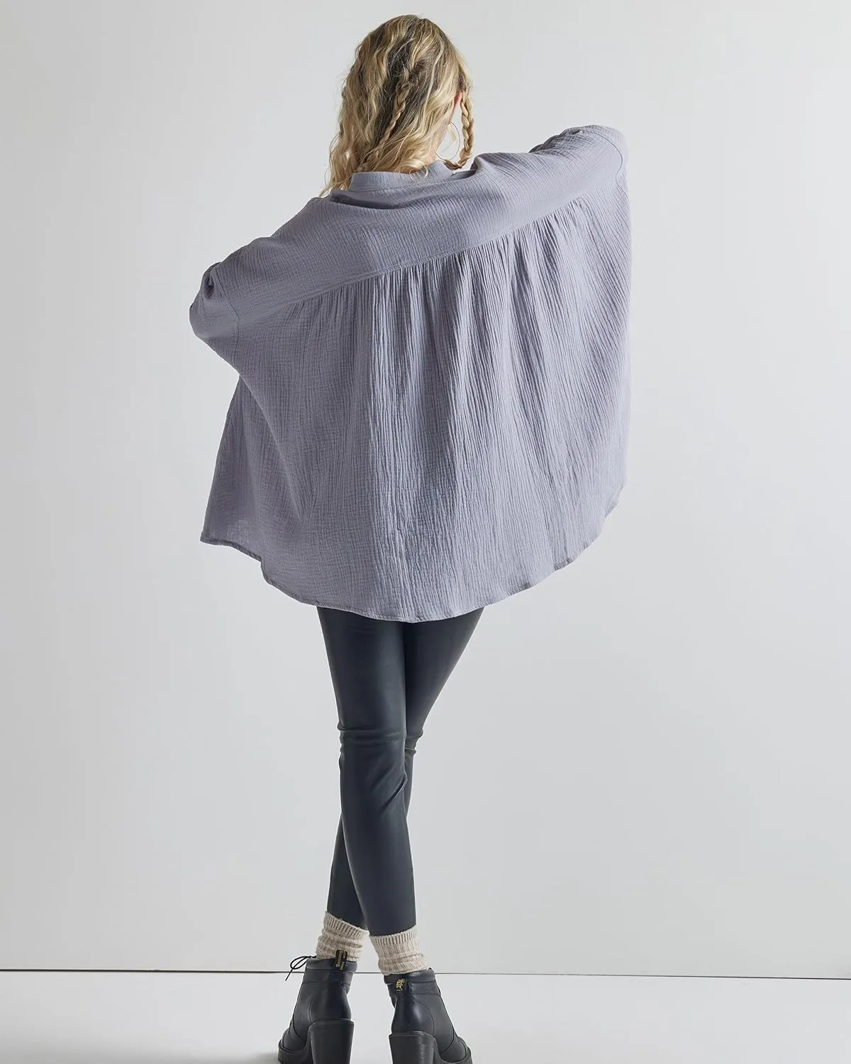 noflik 100% Cotton Comfy Oversized Round Side Slit Contrast Top & Pleat Detail Ballon Sleeve High and Low Top