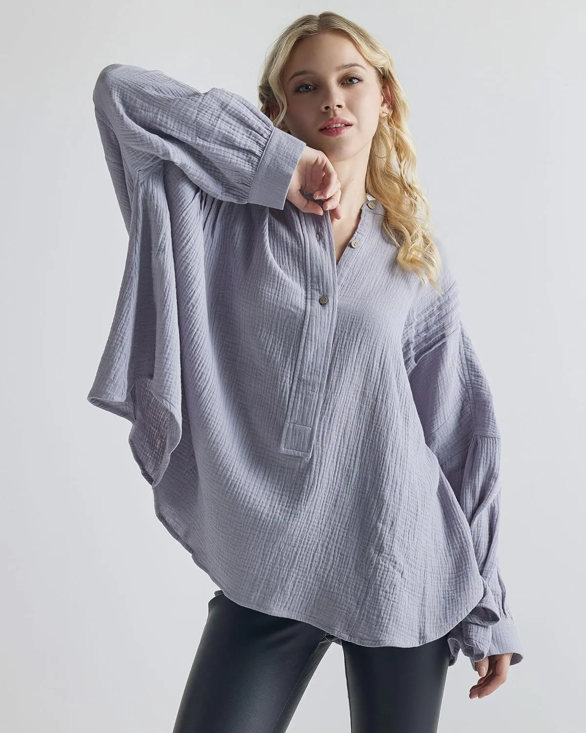 noflik 100% Cotton Comfy Oversized Round Side Slit Contrast Top & Pleat Detail Ballon Sleeve High and Low Top