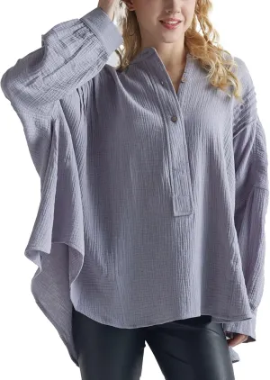 noflik 100% Cotton Comfy Oversized Round Side Slit Contrast Top & Pleat Detail Ballon Sleeve High and Low Top